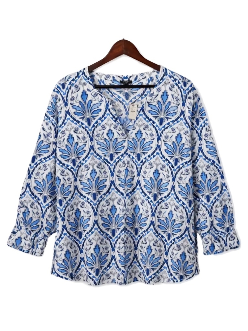 Talbots Blue White Print Popover Top V Neck Long Sleeve Size 3X NWT - Picture 10 of 10